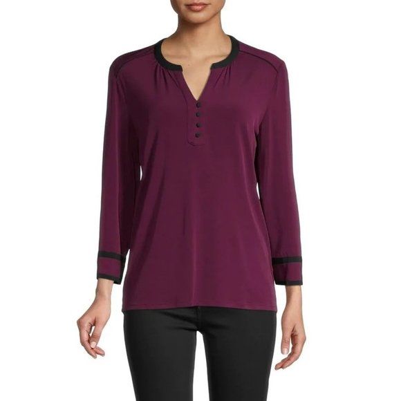 NWT New KARL LAGERFELD Splitneck Long Sleeve Button Purple Top Size XXS - Picture 1 of 16